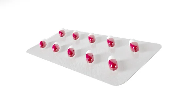 Pillole medicinali su sfondo bianco. Imballaggio pillola. La cura per il virus. Capsula con vitamine o integratori bio. Illustrazione 3d . — Foto Stock