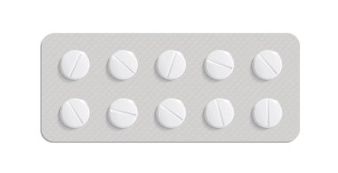 Beyaz arka planda ilaç hapları. İlaç ambalajı. Virüsün tedavisi. Vitamin hapları ya da Biyolojik İlaçlar. 3d Vektör.