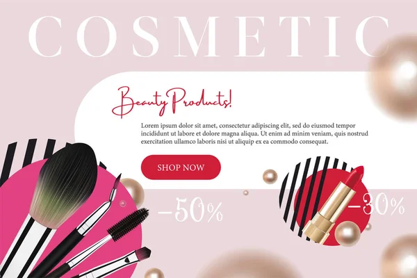 Cosméticos y fondo de la moda con herramientas de maquillaje artista. Lápiz labial Cosméticos maquillaje venta banner plantilla con lugar para su texto. Volante de cosméticos vectoriales . — Vector de stock