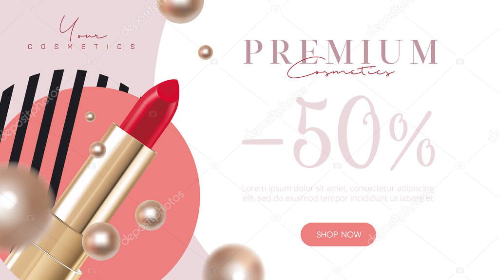 Cosmetics and fashion background with make up artist tools. Lipstick Cosmetics make-up sale banner template with place for your text. Vector cosmetics voucher, flyer, banner or web-site header
