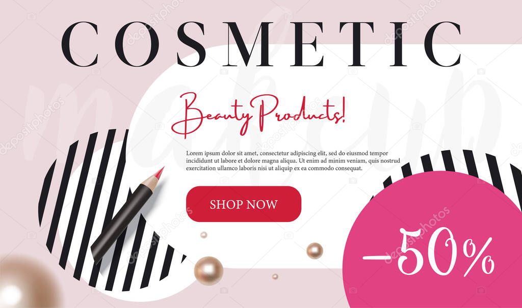 Cosmetics and fashion background with make up artist tools. Lipstick Cosmetics make-up sale banner template with place for your text. Vector cosmetics flyer.