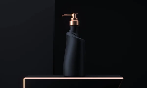 Μπουκάλι με χύτρα. Διαφημίσεις καλλυντικό πρότυπο mockup ρεαλιστικό μπουκάλι με αντλία airless, δοχείο για υγρό τζελ, σαπούνι, λοσιόν, κρέμα, σαμπουάν, αφρό μπάνιου σε μαύρο φόντο. 3d απόδοση — Φωτογραφία Αρχείου