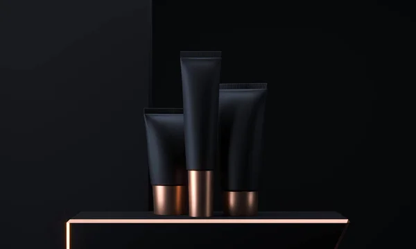 Cosmetic tubes mock up set. Cosmetic packaging tube. Make up blank face cream tube. Trendy black gold realistic beauty products on dark background. Skin or hair care. 3d rendering