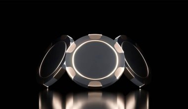 Kumarhane geçmişi. Kumarhane oyunu 3 boyutlu çipler. Çevrimiçi kumarhane afişi. Siyah ve altın rengi gerçekçi çip. Kumar konsepti, poker mobil uygulama simgesi