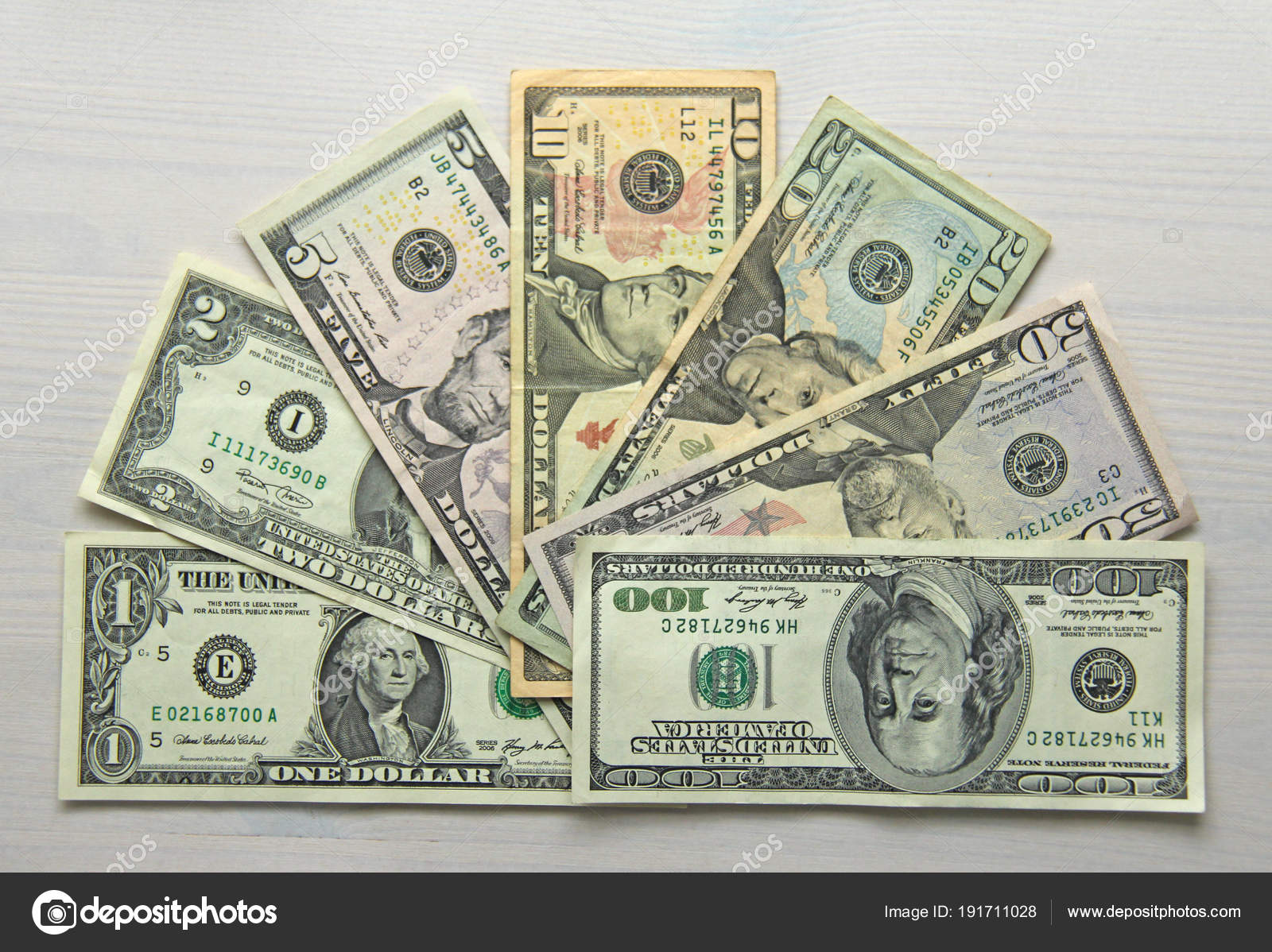 Paper dollars of different denominations 1, 2, 5, 10, 20, 50 and 100