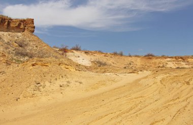 Mavi gökyüzü ve beyaz bulutlar güzel Kum Çölü. Kumullar çöl. Kum tepeleri manzarası.