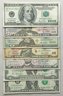 Kağıt dolar farklı mezheplerin - 1, 2, 5, 10, 20, 50 ve 100 dolar. Arka plan dolar.