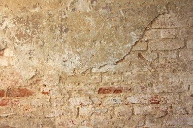 Beyaz ve kırmızı tuğla duvar eski Brayed ve eski boya kırık. Kırmızı, pişmiş toprak ve beyaz tuğla arka plan.