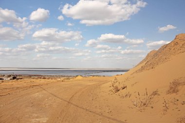 Mavi gökyüzü ve beyaz bulutlar güzel Kum Çölü. Kumullar çöl. Kum tepeleri manzarası.
