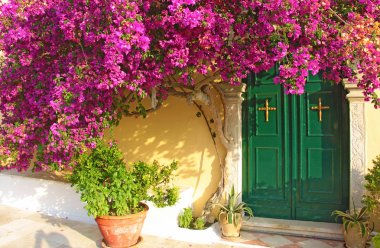 Ağaç pembe çiçekler ve kilise giriş, Corfu Island, Yunanistan