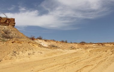 Mavi gökyüzü ve beyaz bulutlar güzel Kum Çölü. Kumullar çöl. Kum tepeleri manzarası.