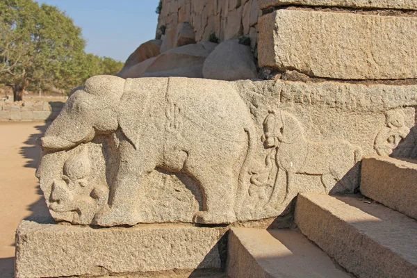 Elefante. Baixo-relevos de pedra nas paredes em Templos Hampi. Esculpir pedra fundo antigo. Figuras esculpidas feitas de pedra. Património Mundial da Unesco. Karnataka, Índia. Cerco real . — Fotografia de Stock