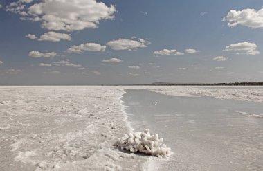 Tuz Gölü Baskunchak, Rusya Federasyonu. Mavi gökyüzü ve beyaz bulutlar göl kenarında.