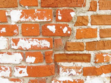 Beyaz ve kırmızı tuğla duvar eski Brayed ve eski boya kırık. Kırmızı, pişmiş toprak ve beyaz tuğla arka plan.