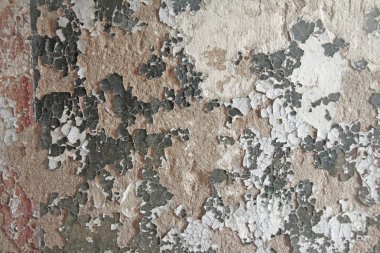 Tuğla duvar Pis, beyaz bir duvardan dökülen eski beyaz boya. Çatlaklar, sıyrıklar, eski çimento duvarının arka planında eski boya ve alçı. Eski bir beton duvar çatladı..