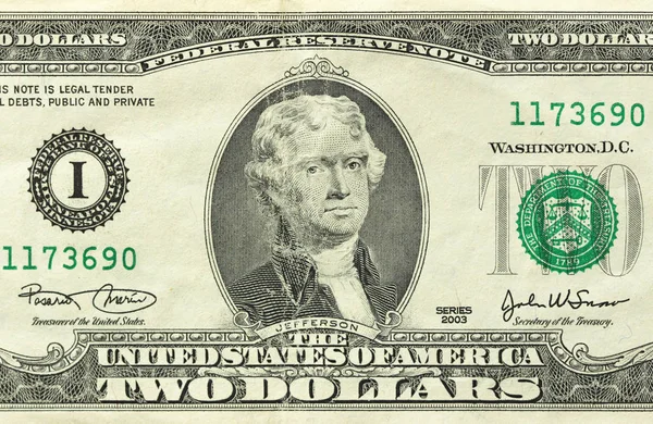 两美元一张钞票。2美元 — 图库照片