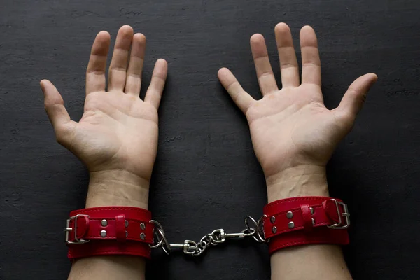 Adult Male Hands Red Erotic Leather Handcuffs Hands Captivity Red — Stock Photo, Image