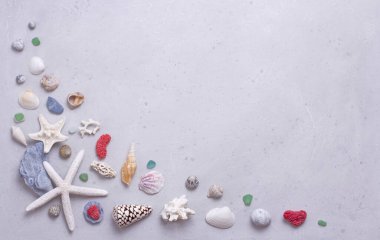 Güzel beyaz deniz yıldızları, deniz kabukları, kırmızı, beyaz ve mavi mercanlar, cam, deniz taşları açık gri, modern beton zemin üzerinde uzanır. Plajda yaz tatili kavramı. Yaz tatili için parlak bir deniz kartı..