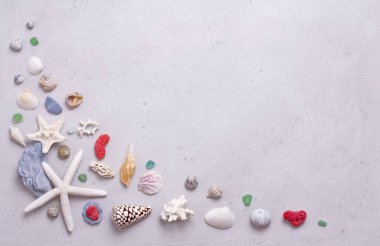Güzel beyaz deniz yıldızları, deniz kabukları, kırmızı, beyaz ve mavi mercanlar, cam, deniz taşları açık gri, modern beton zemin üzerinde uzanır. Plajda yaz tatili kavramı. Yaz tatili için parlak bir deniz kartı..