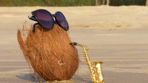 Coco Praia Usando Óculos Sol Toca Saxofone Alto Dourado Criativa — Vídeo de Stock