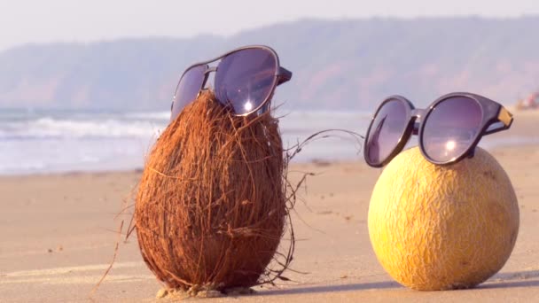 Kokos Melon Okularach Przeciwsłonecznych Odpocznij Morzu Humor Owoce Wygaszacz Ekranu — Wideo stockowe