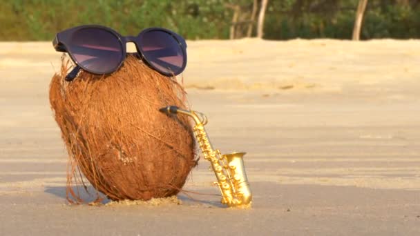 Coco Praia Usando Óculos Sol Toca Saxofone Alto Dourado Criativa — Vídeo de Stock