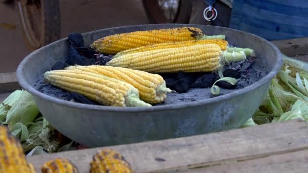 黄色いトウモロコシは炭火で焼くかローストされる インドのストリートフード トウモロコシのバーベキュー — ストック動画