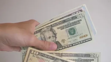 Kadınların elleri sayılıyor, Amerikan dolarlarının farklı değerleri yeniden hesaplanıyor. Yakın plan, bulanık arkaplan.