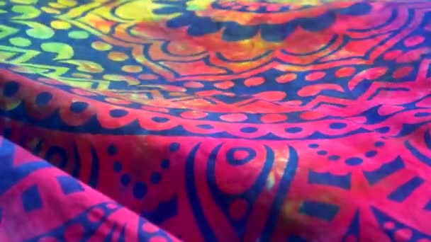 Bright Colored Fabric Ethnic Pattern Mandala Fluttering Wind Close Bright — Stock Video