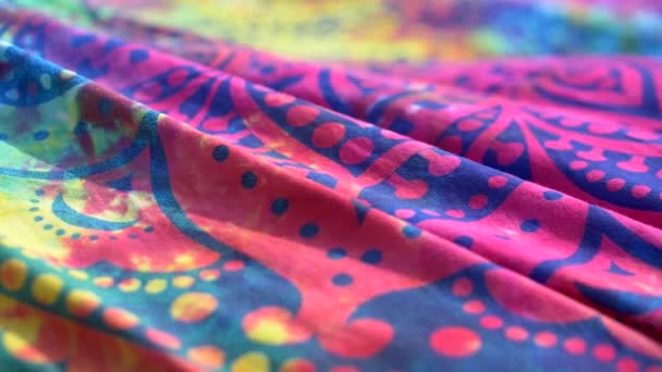 Bright Colored Fabric Ethnic Pattern Mandala Fluttering Wind Close Bright — Stock Video