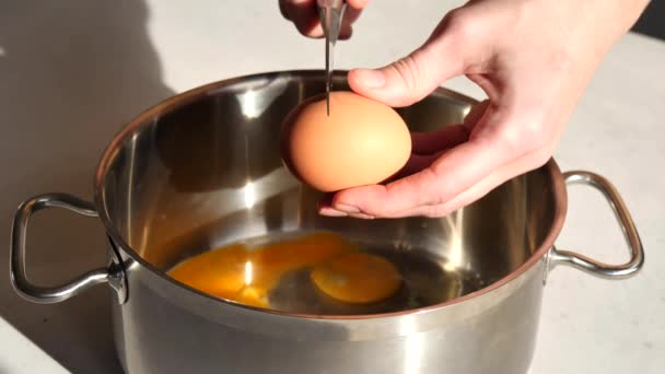 갈색의 달걀을 부러뜨리고 노른자를 금속판에 빠뜨린다 클로즈업 — 비디오