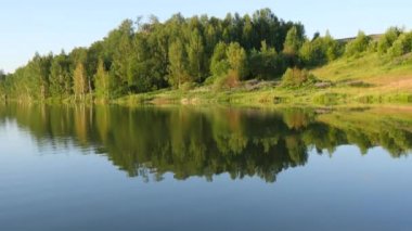 Yeşil huş ağaçları yazın suya yansıtılır. Güzel Rus doğası, sudaki ağaçların ayna yansıması. Yaz manzarası, ağaçlar ve orman sulara yansıyor..