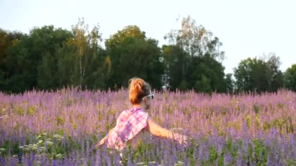Mladá Dívka Běloška Partou Hlavě Růžové Košili Slunečních Brýlích Kráčí — Stock video