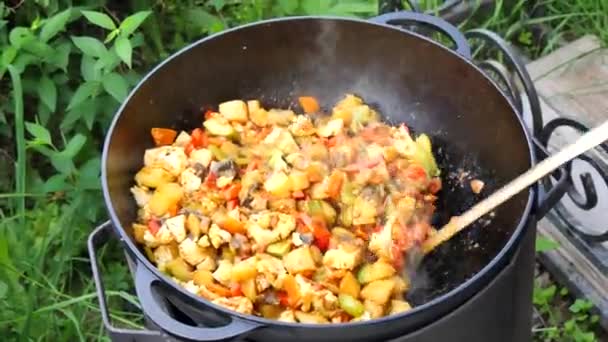 美丽多汁的蔬菜炖菜 素食佳肴 一个大勺子 勺搅拌和混合蔬菜炖菜在一个铸铁高锅 Wok 在街上 街头食品 — 图库视频影像