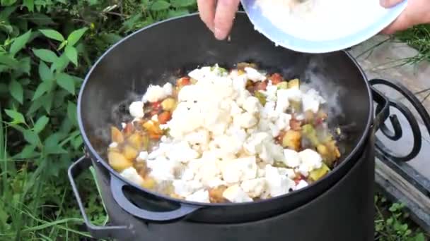 Vegetabilisk Gryta Vegetarisk Mat Stor Sked Slev Hål Stör Blandar — Stockvideo