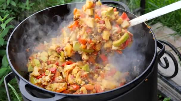 Vegetabilisk Gryta Vegetarisk Mat Stor Sked Slev Med Hål Stör — Stockvideo