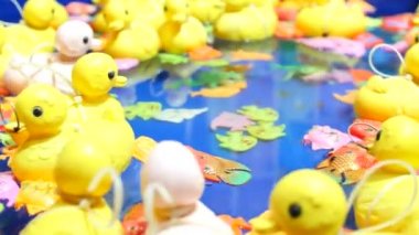 Sarı plastik ördek oyuncakları mavi suyun arka planında şişme havuzda yüzerler. En sevdiği çocuk oyunu, sudan ördek yakalamak. Çocuk eğlence parkı. Hipnoz, baş dönmesi.