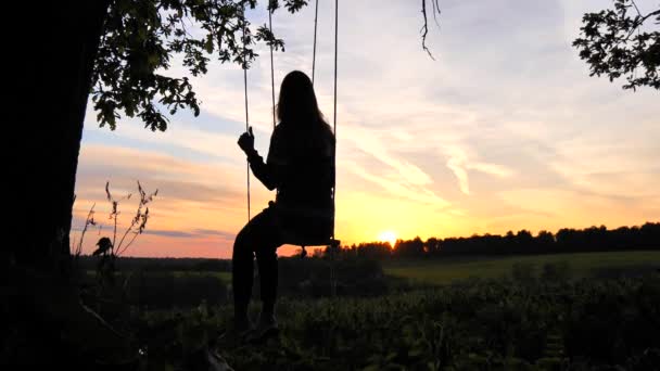 若い女の子が座って 夕日に対して 木の中でスイングを続けます 背景の空と日没のシルエットの女の子 孤独な女性少女ロマンス 木の村のスイングは ロープ上のオークの木から一時停止 — ストック動画