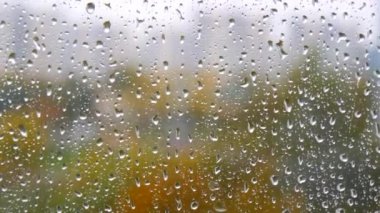 Pencerede yağmur damlaları. Pencereden bir damla yağmur akıyor. Arka planda bulanık binalar olan cam camlarına su damlaları ya da yağmur damlaları. Üzüntü, özlem, donukluk, sonbahar depresyonu, kasvet..