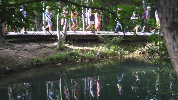 Croacia Sibenik Agosto 2019 Multitud Turistas Uno Tras Otro Puente — Vídeo de stock