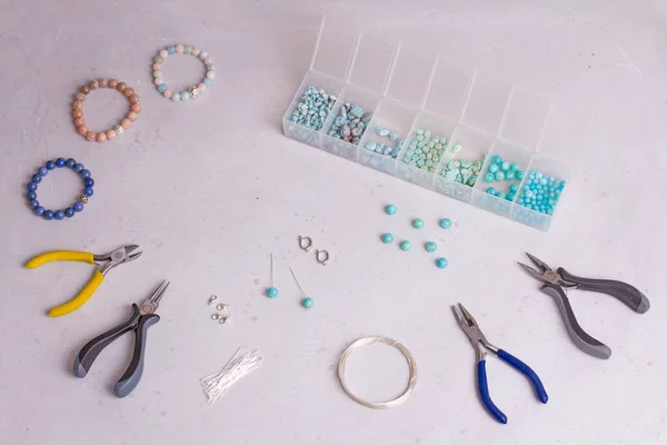 Making Handmade Jewellery Top View Beads Tools Creating Jewelry Preparation — Stock Photo, Image