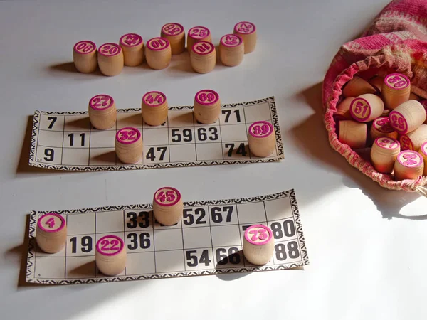 Russian Lotto Bingo Board Game Barrels Cards White Background Quarantine — Stock Photo, Image