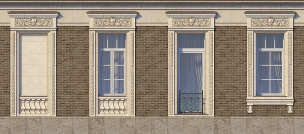Enmarcado de ventanas en estilo clásico en la pared de ladrillo de color marrón. renderizado 3d . — Foto de Stock