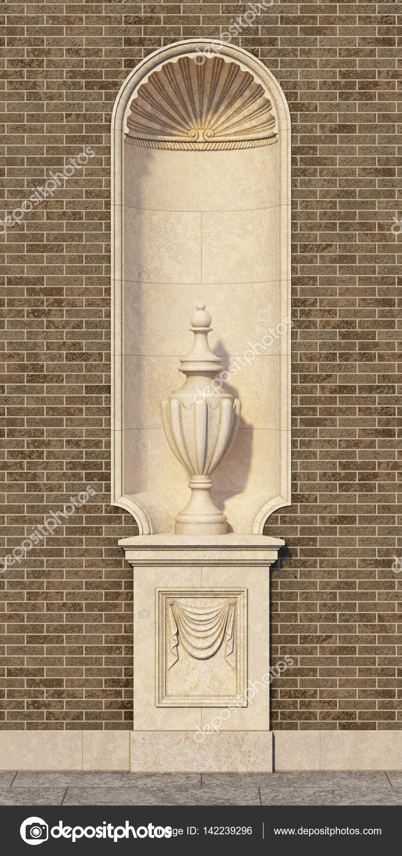 Niche in a classic style with a vase on a brick wall. 3d render Stock
