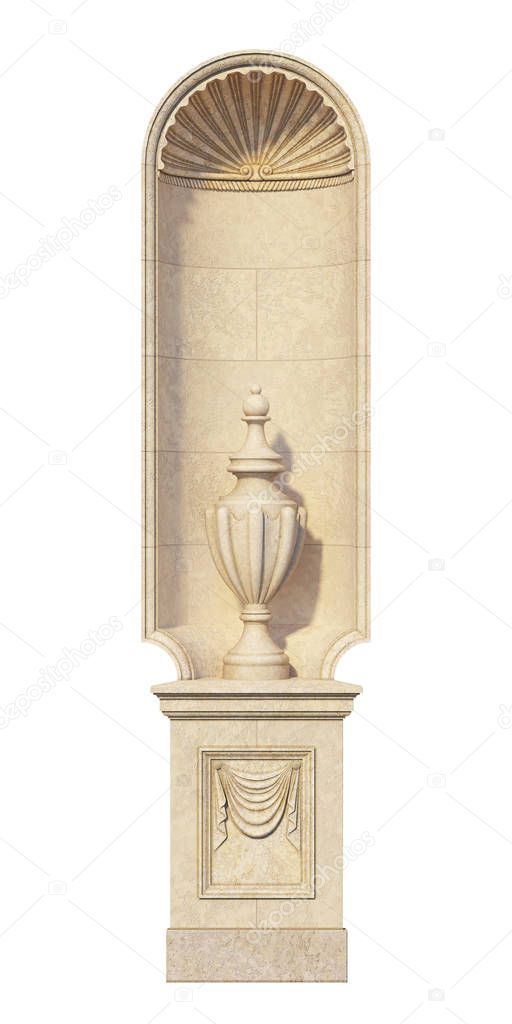 Niche in a classic style with a stone vase. 3d render