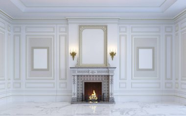 Klasik bir iç şömine ile hafif tonları mevcuttur. 3D render.