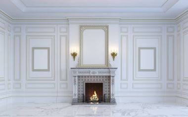 Klasik bir iç şömine ile hafif tonları mevcuttur. 3D render.