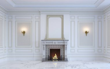 Klasik bir iç şömine ile hafif tonları mevcuttur. 3D render.