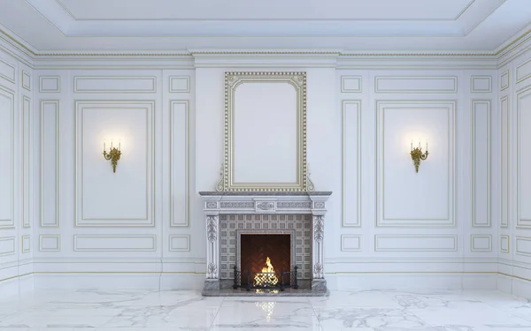 En klassisk interiör är i ljusa toner med öppen spis. 3D-rendering. — Stockfoto