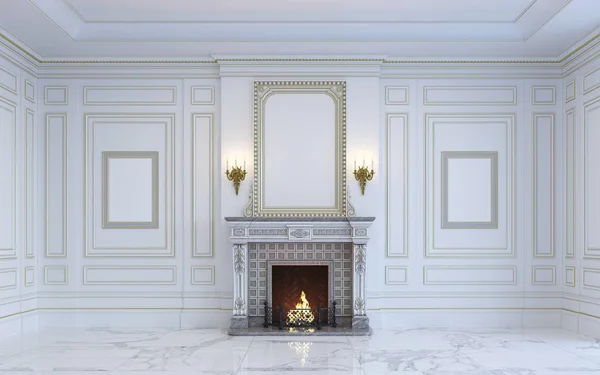 A classic interior is in light tones with fireplace. 3d rendering. — Stock Photo, Image